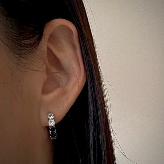 Paved Huggies Black Quartz x CZ in Silver