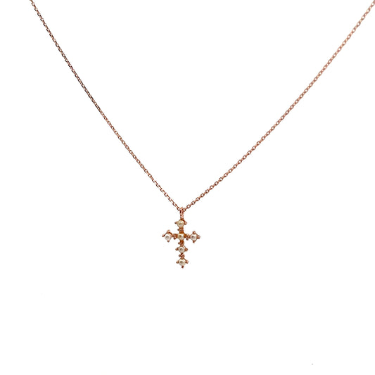 Pearly Cross Necklace In Rose Gold