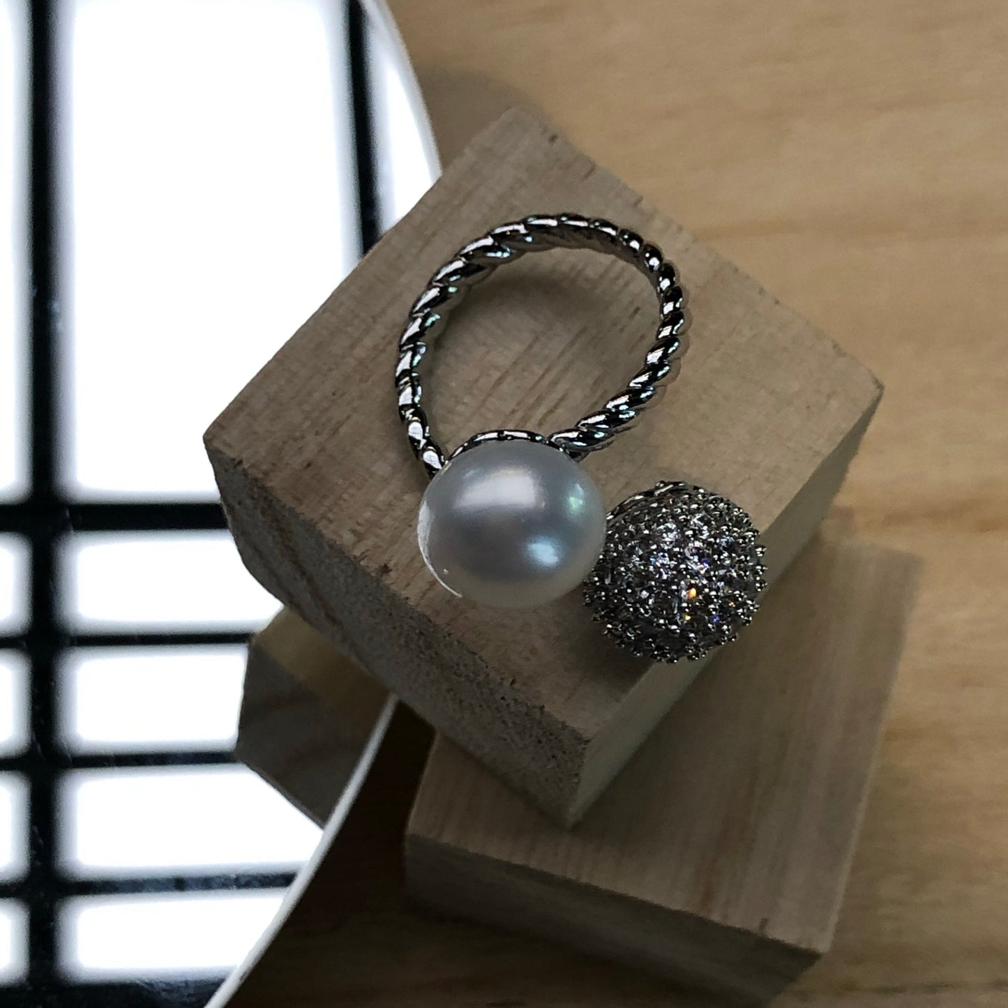 Pearl and Diamond Ball Ring in Silver