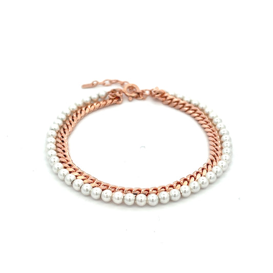 Cuban Chain X Pearl Bracelet in Rose Gold