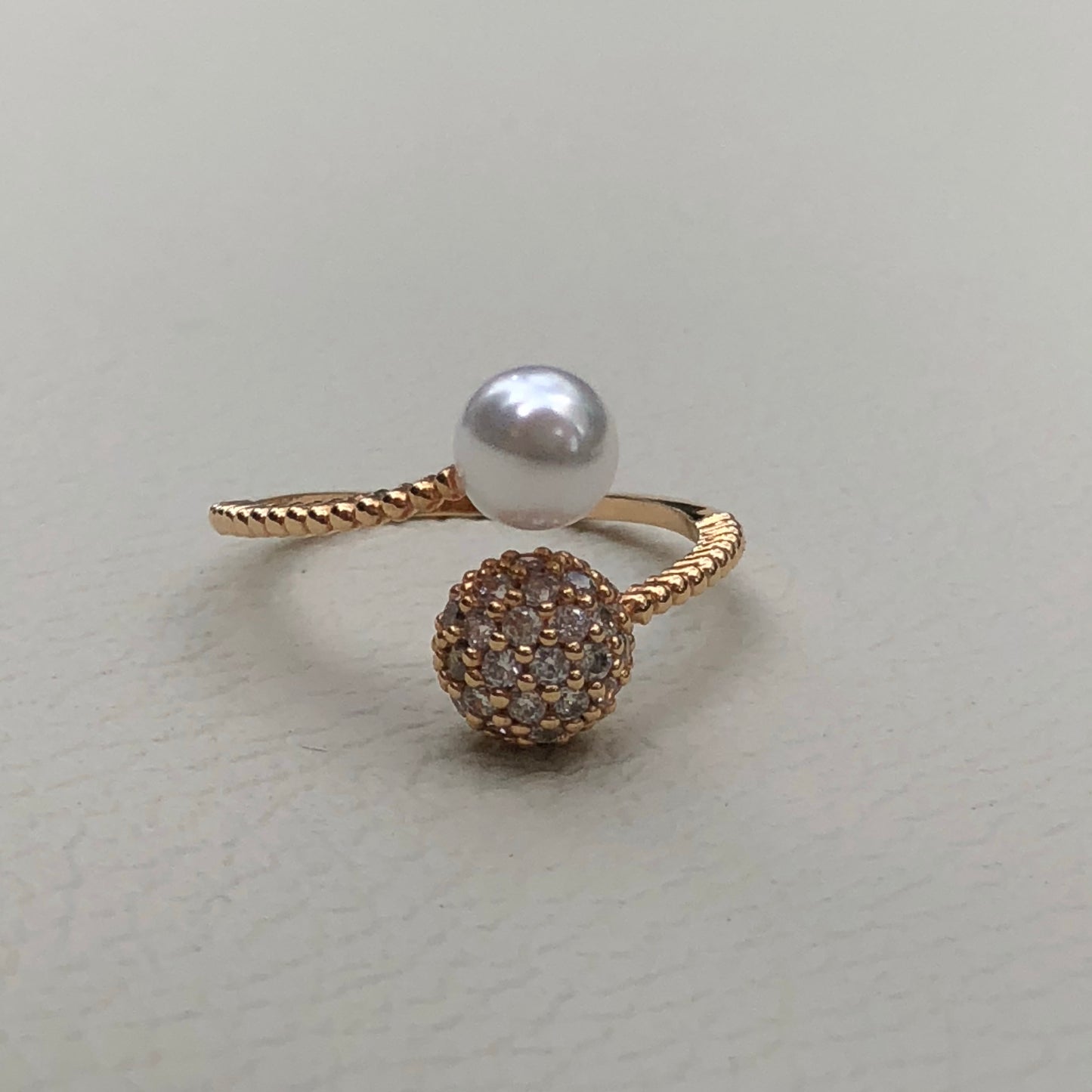 Mini Pearl and Diamond Ball Ring in Rose Gold