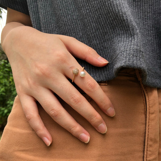 Mini Pearl and Diamond Ball Ring in Rose Gold