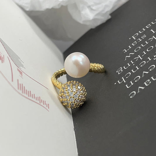 Pearl and Diamond Ball Ring in Gold