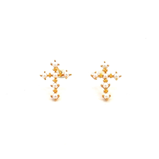 Pearly Cross Earrings In Gold