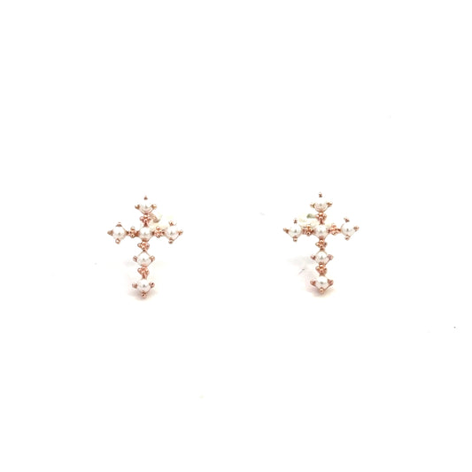 Pearly Cross Earrings In Rose Gold
