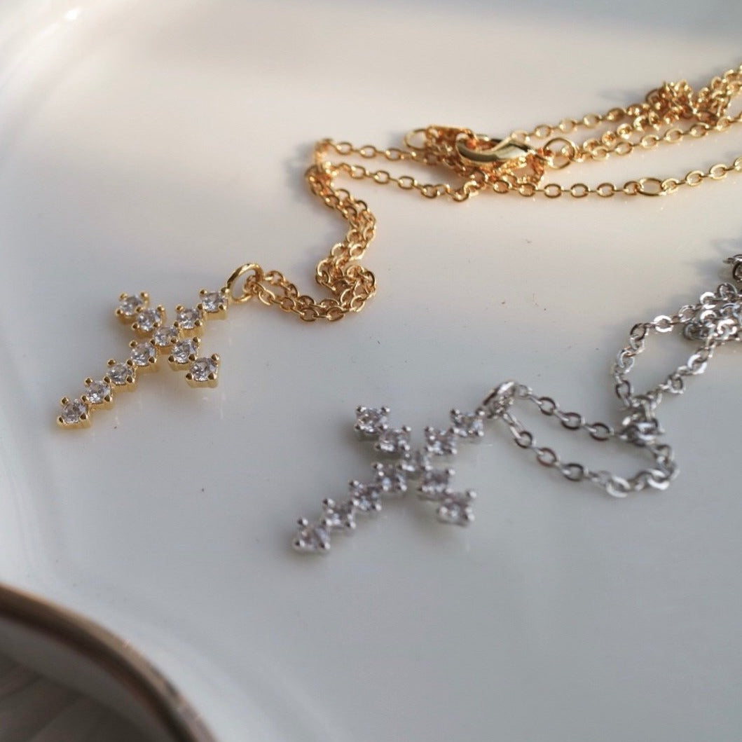 Diamante Cross Necklace in Gold
