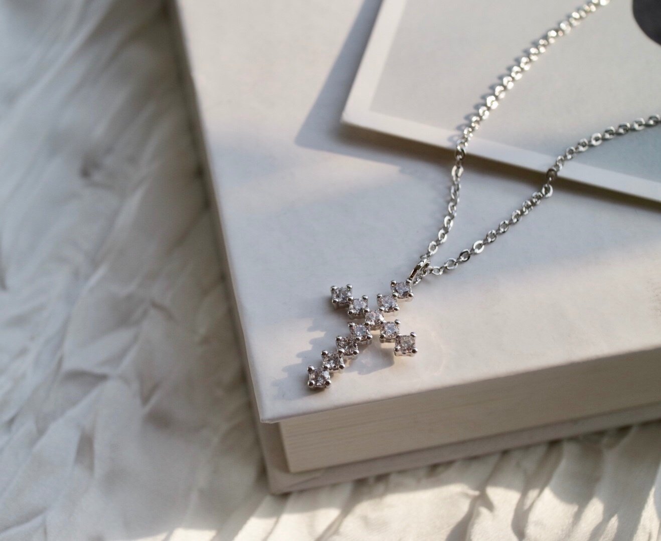 Diamante Cross Necklace in Silver