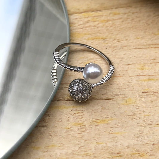 Mini Pearl and Diamond Ball Ring in Silver