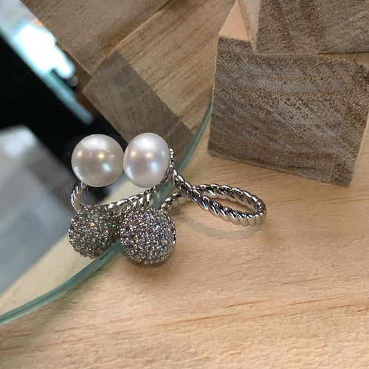 Pearl and Diamond Ball Ring in Silver