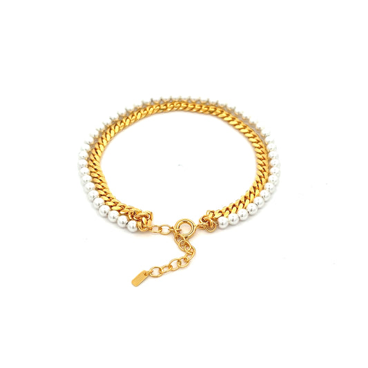 Cuban Chain X Pearl Bracelet in Gold