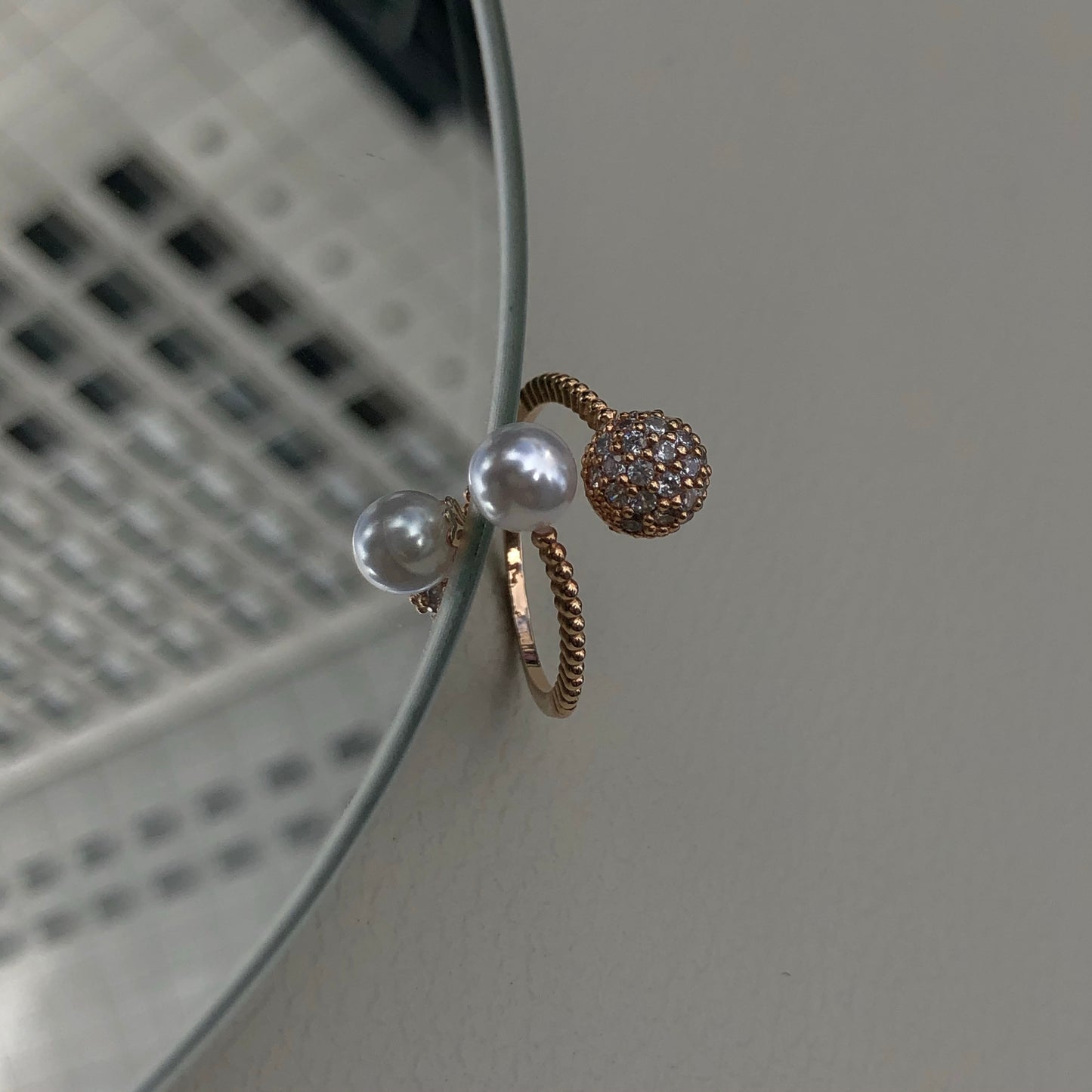 Mini Pearl and Diamond Ball Ring in Rose Gold