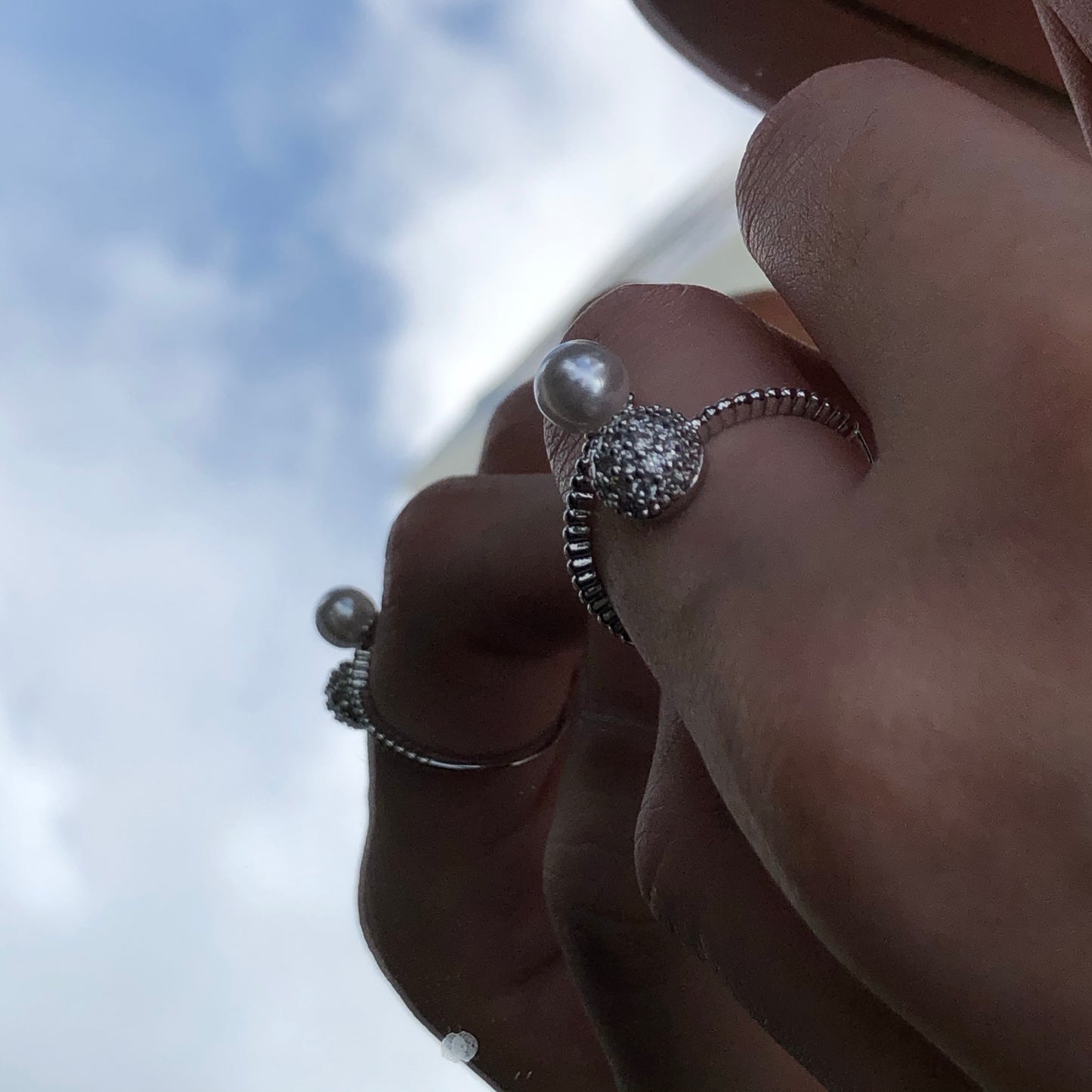 Mini Pearl and Diamond Ball Ring in Silver
